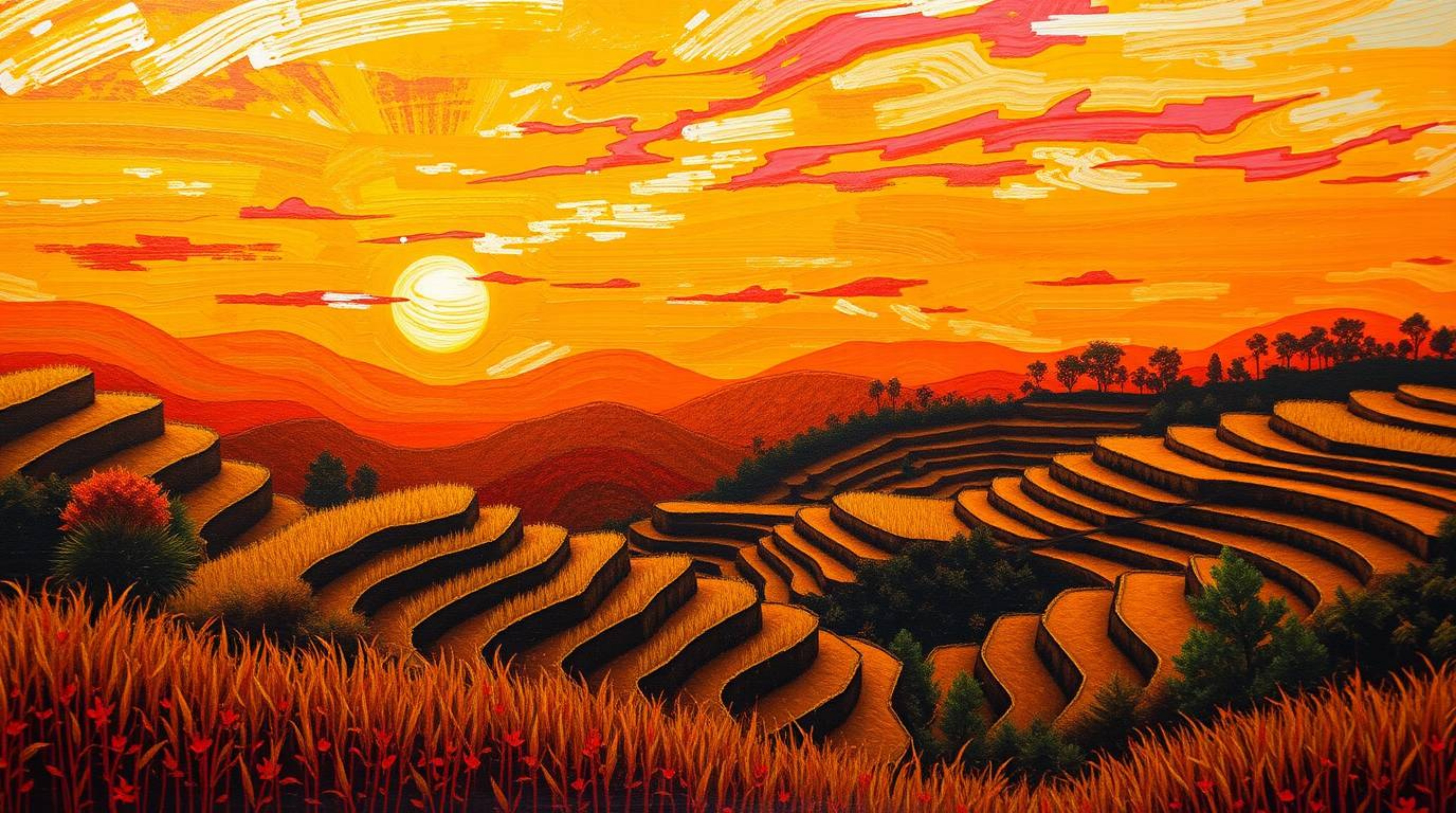 A captivating bold acrylic painting depicting a warm autumn sunset over picturesque rice terraces. The artwork evokes an eart