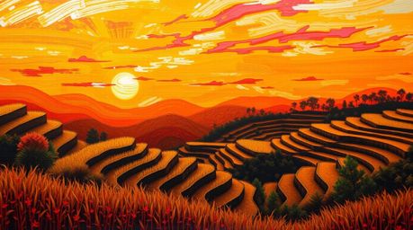 A captivating bold acrylic painting depicting a warm autumn sunset over picturesque rice terraces. The artwork evokes an eart
