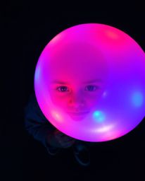 A captivating overhead shot depicts a child with dark skin joyfully holding a bioluminescent balloon, radiating vibrant, glow