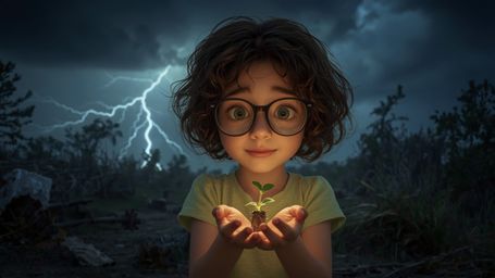 A high-resolution stock photo of a gentle, bespectacled young girl with curly brown hair and bright green eyes, reminiscent o