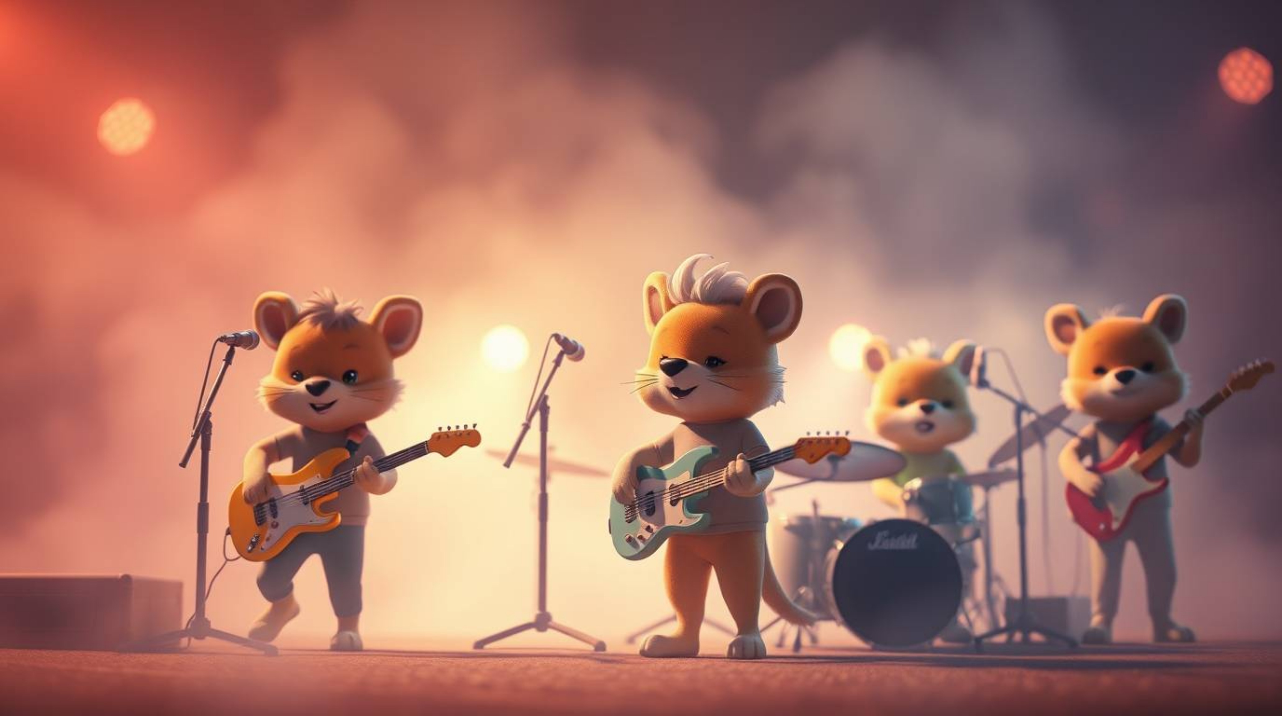 A dreamy, soft-focus image depicts a cartoon animal rock band performing in a hazy, atmospheric setting.  The soft light and 