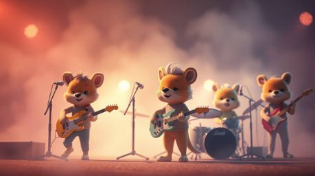 A dreamy, soft-focus image depicts a cartoon animal rock band performing in a hazy, atmospheric setting. The soft light and