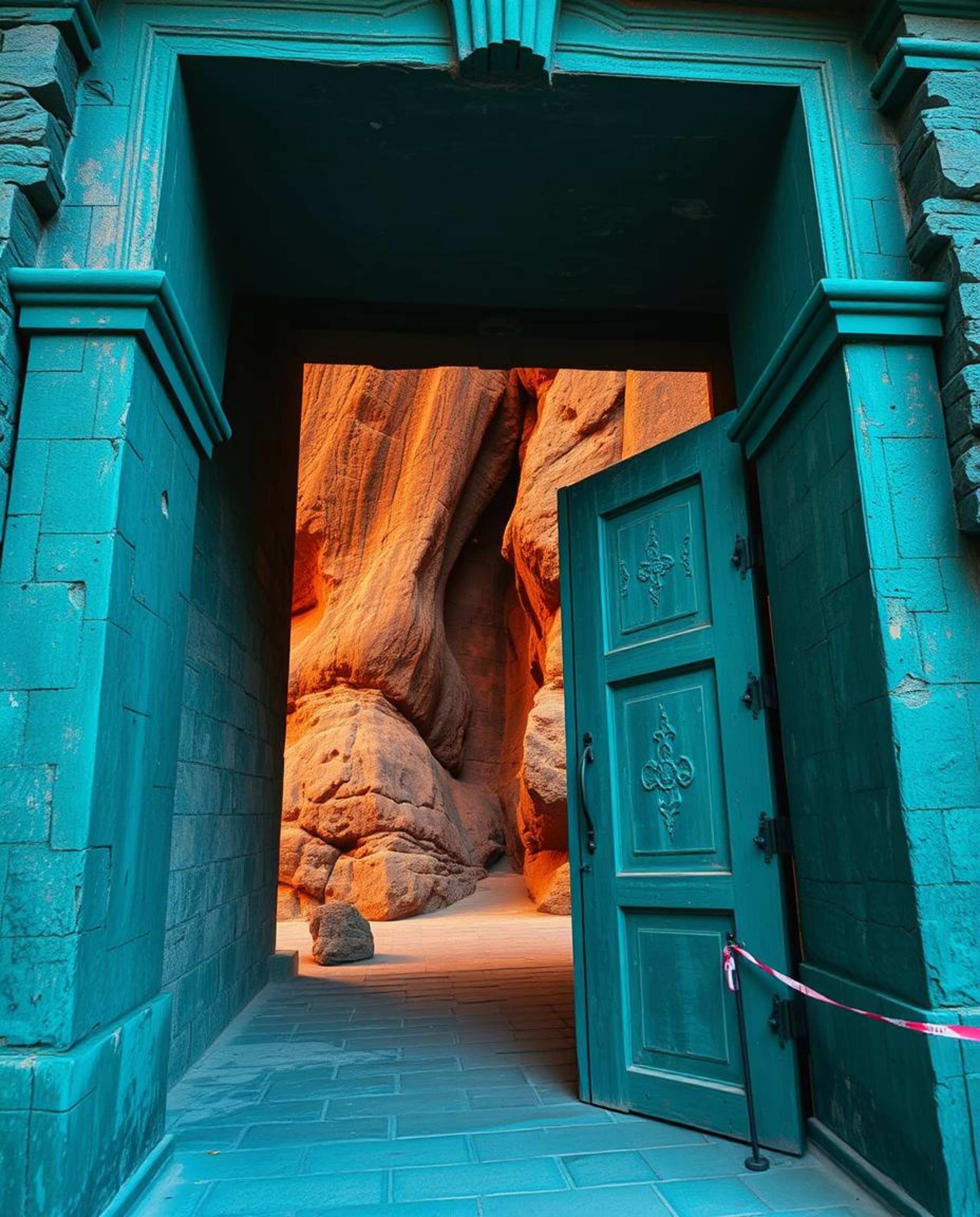 Immerse yourself in the precise architectural color photography showcasing an ancient doorway, rich in deep teal hues and glo