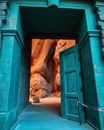 Immerse yourself in the precise architectural color photography showcasing an ancient doorway, rich in deep teal hues and glo