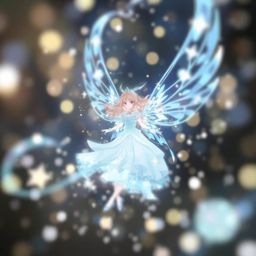 A captivating image showcasing a fairy godmother in the style of an Isekai anime.  The composition features a blurred bokeh e