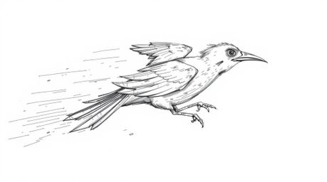 A captivating hand-drawn sketch depicts a fast-running bird zooming past bustling traffic. The artwork features rough lines, 