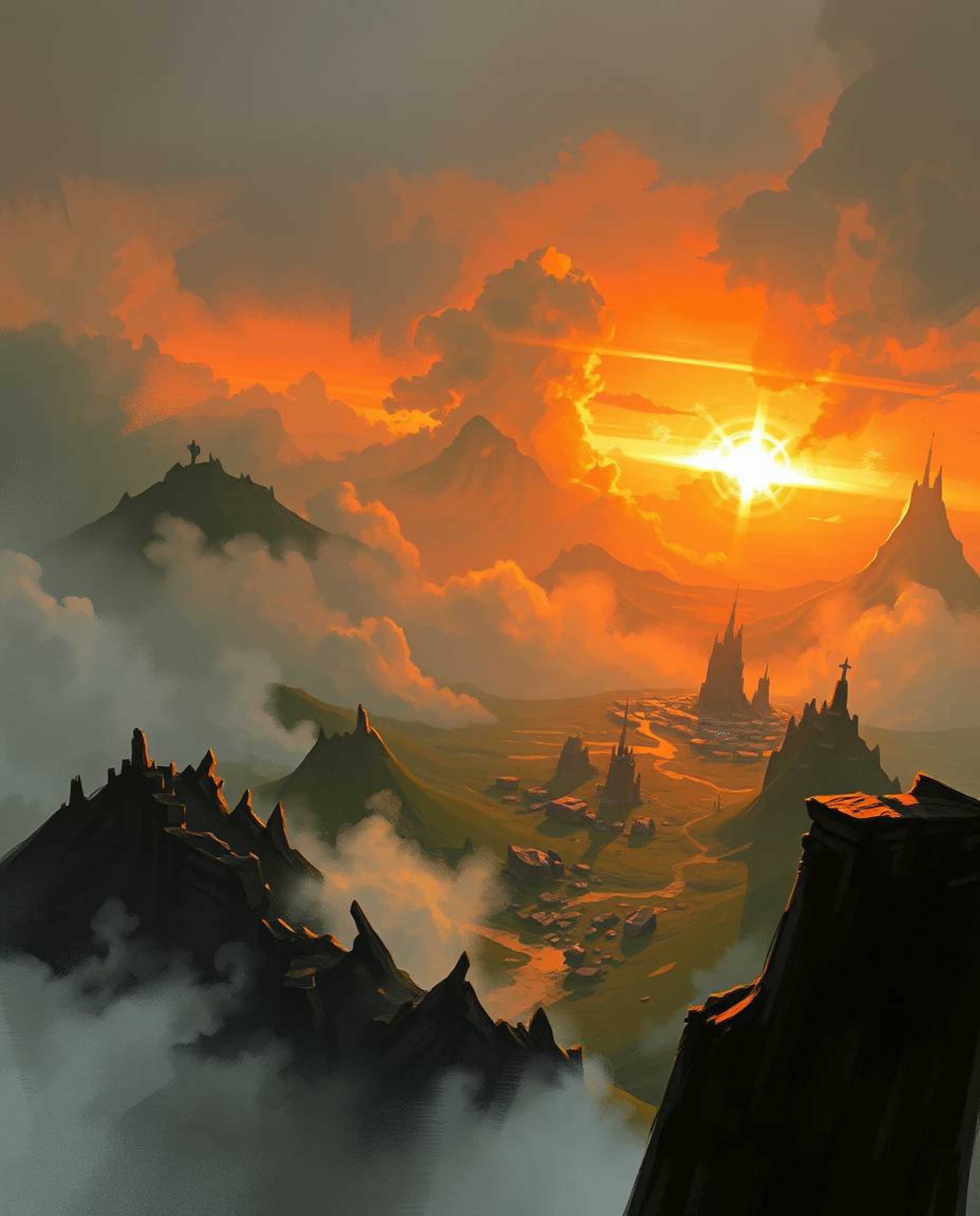 A captivating digital sketch depicts a bird's-eye view of a sunrise over a war-torn landscape.  The piece utilizes loose pain