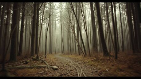 Experience a dramatic cinematic style with natural earth tones in this depiction of a thrilling chase through a looping fores