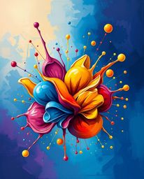 Explore a bold acrylic painting featuring abstract 3D colorful splash shapes that appear to float in space. This surreal digi