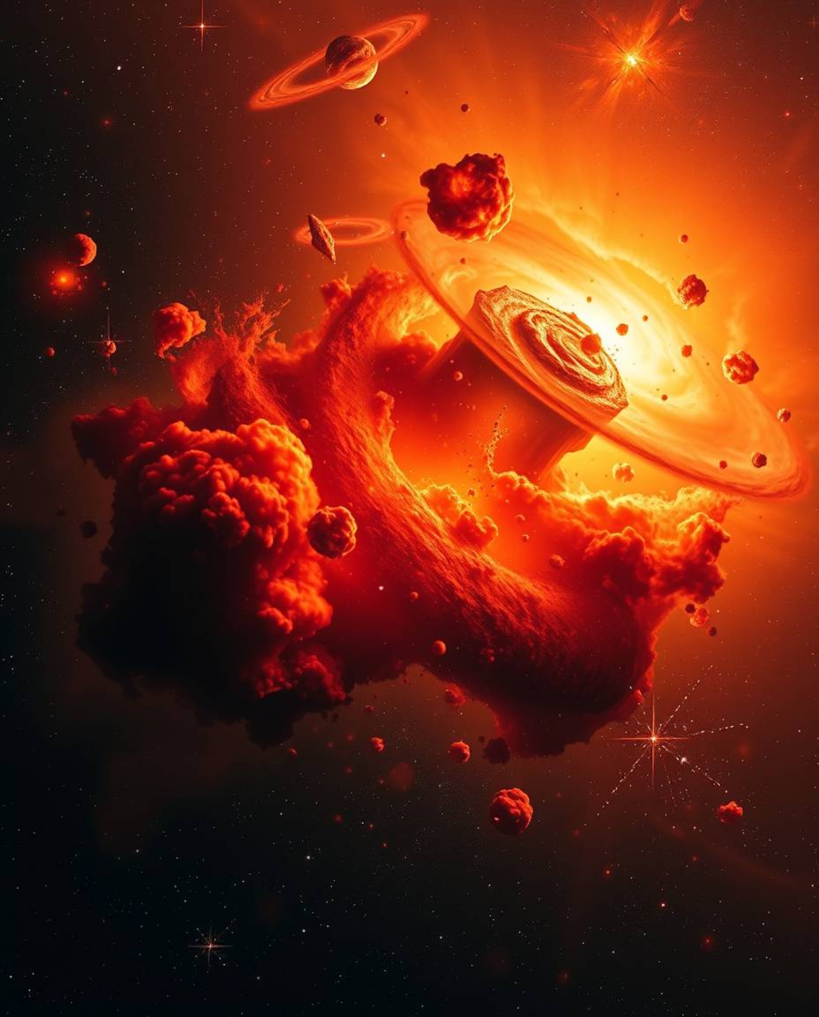 A breathtaking photograph captures the dramatic collision of galaxies, bathed in the warm, golden hues of sunrise or sunset. 