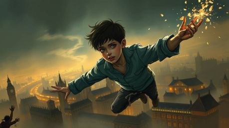 A digitally sketched young boy with fair skin soars above a misty London cityscape, propelled by pixie dust.  The artwork fea