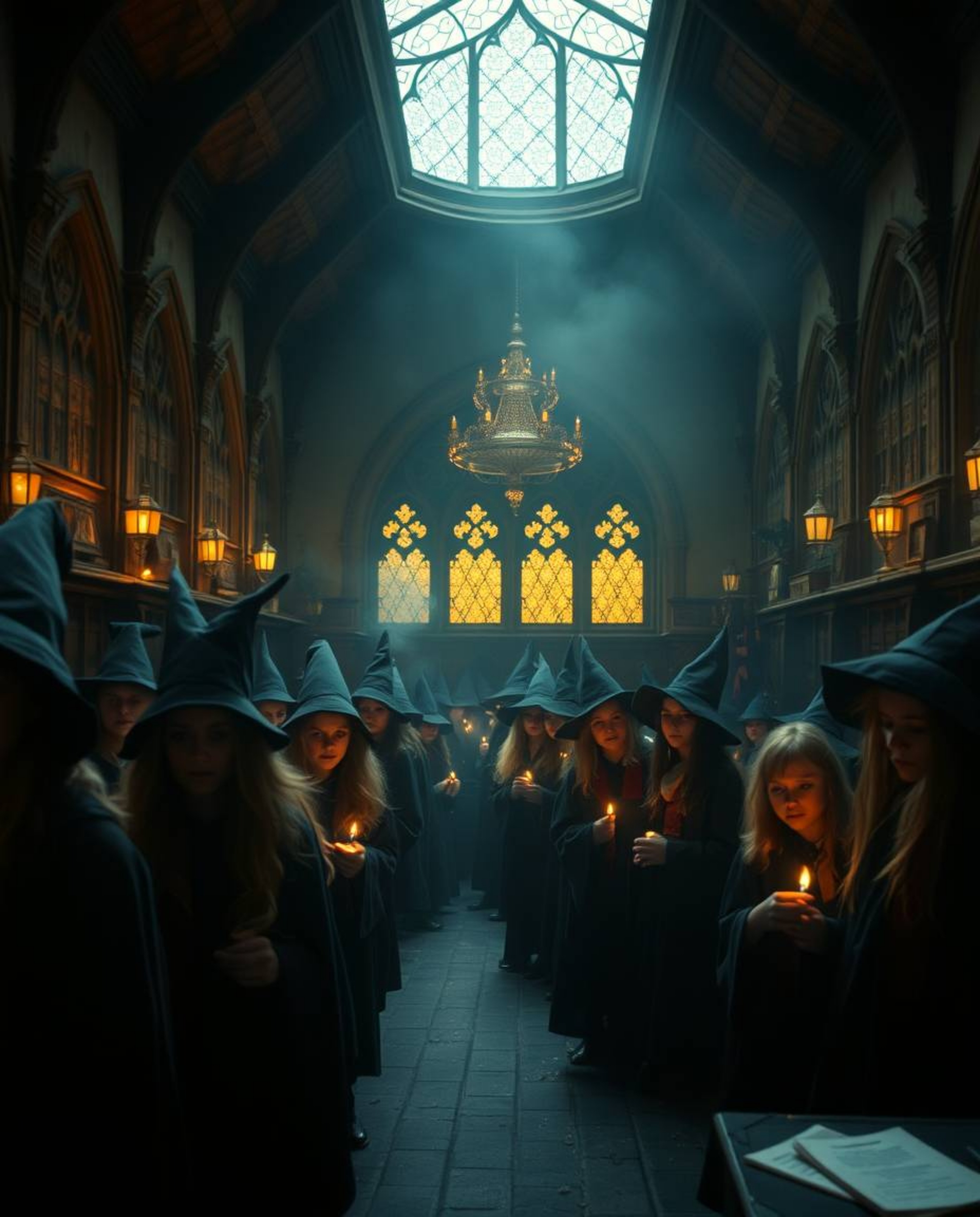A professional fine art photograph showcasing a magical school teeming with young wizards, imbued with an eerie and slightly 