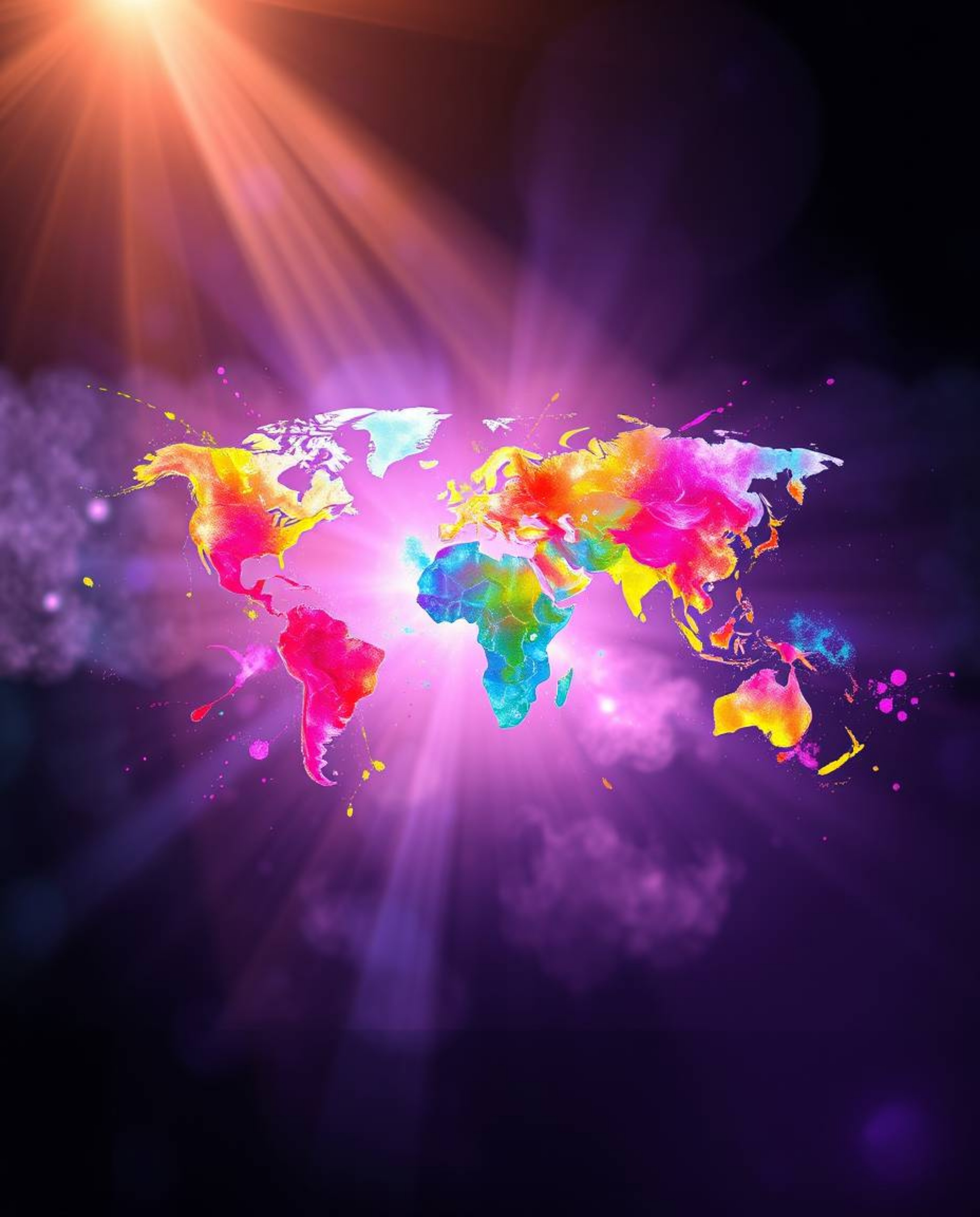 This stunning image presents an abstract world map formed by vibrant, colorful splashes, bathed in ethereal volumetric lighti