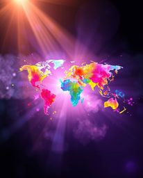 This stunning image presents an abstract world map formed by vibrant, colorful splashes, bathed in ethereal volumetric lighti