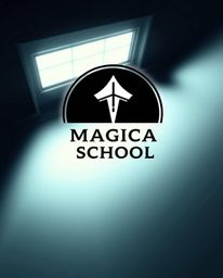 A stunning composition featuring a magical school from a high angle perspective, illuminated by intense dramatic lighting. Th