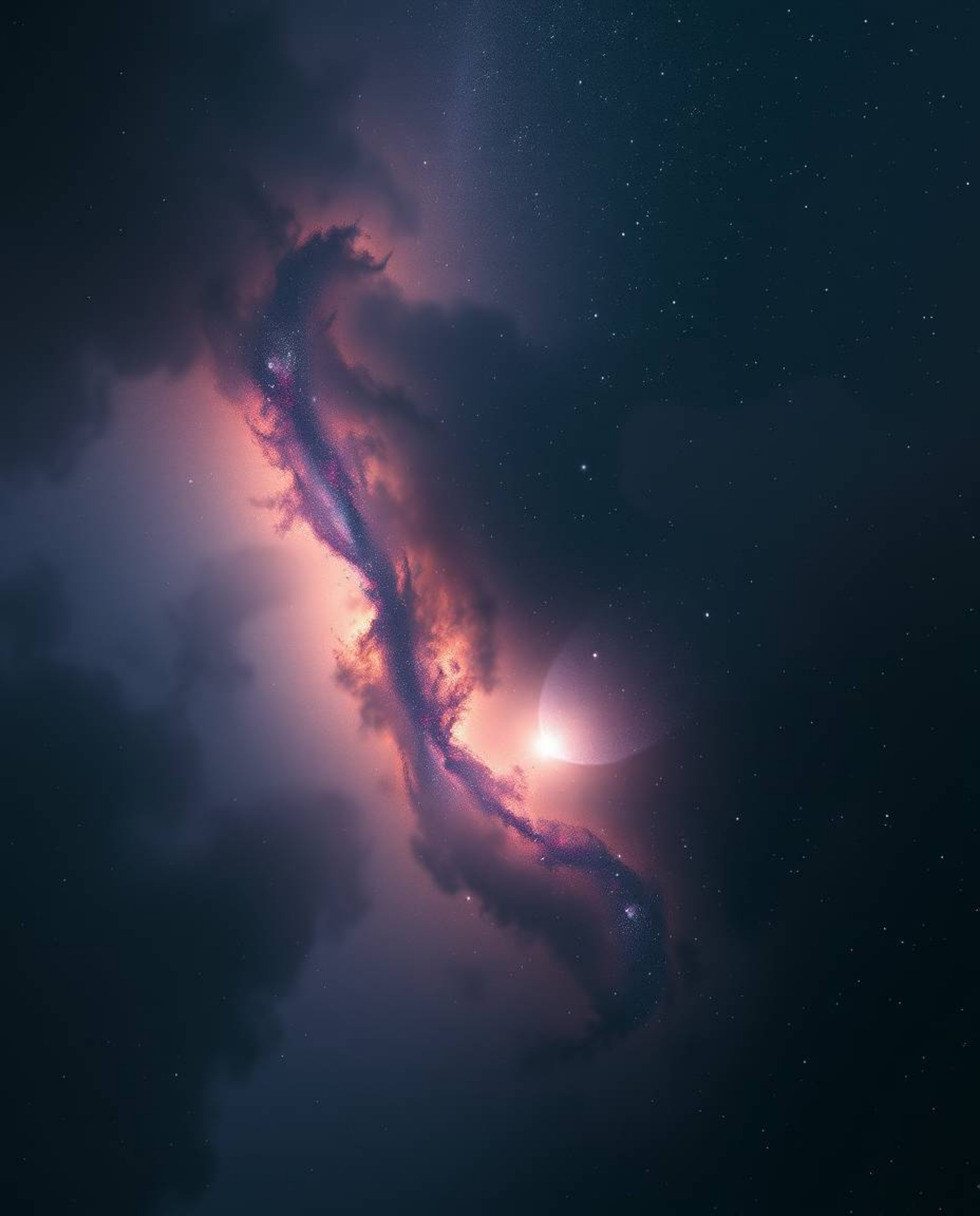 Witness the breathtaking spectacle of colliding galaxies shrouded in thick fog. This image captures the chaotic beauty of a c