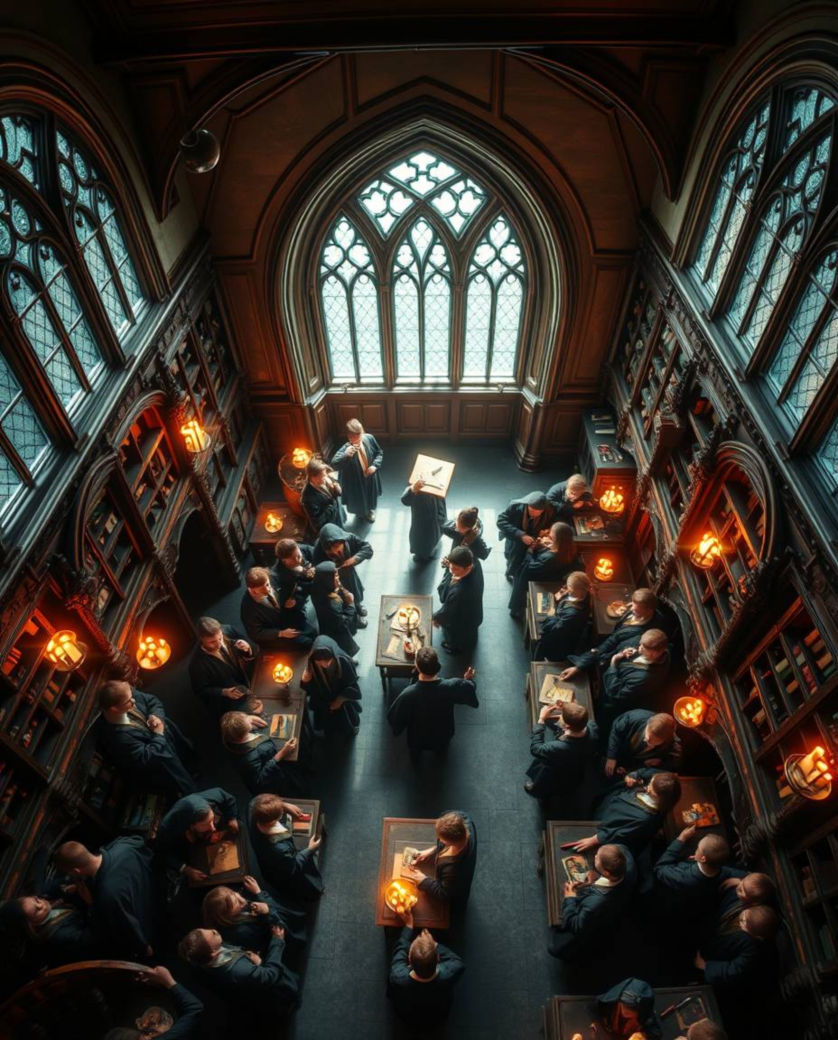 Experience a breathtaking high-angle perspective of a magical school teeming with young wizards, capturing the essence of a '
