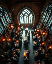 Experience a breathtaking high-angle perspective of a magical school teeming with young wizards, capturing the essence of a '