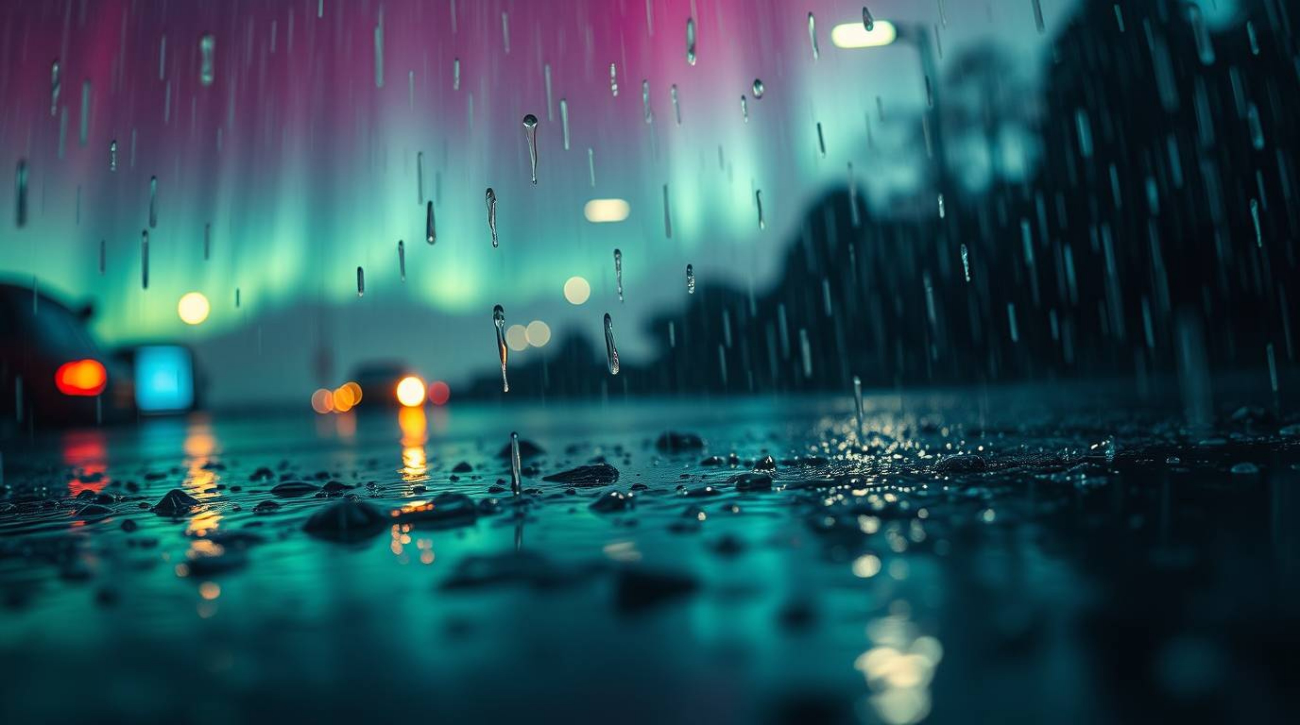 Experience a dreamlike and surreal rainy scene in a tight close-up, featuring a gradient texture inspired by the aurora borea
