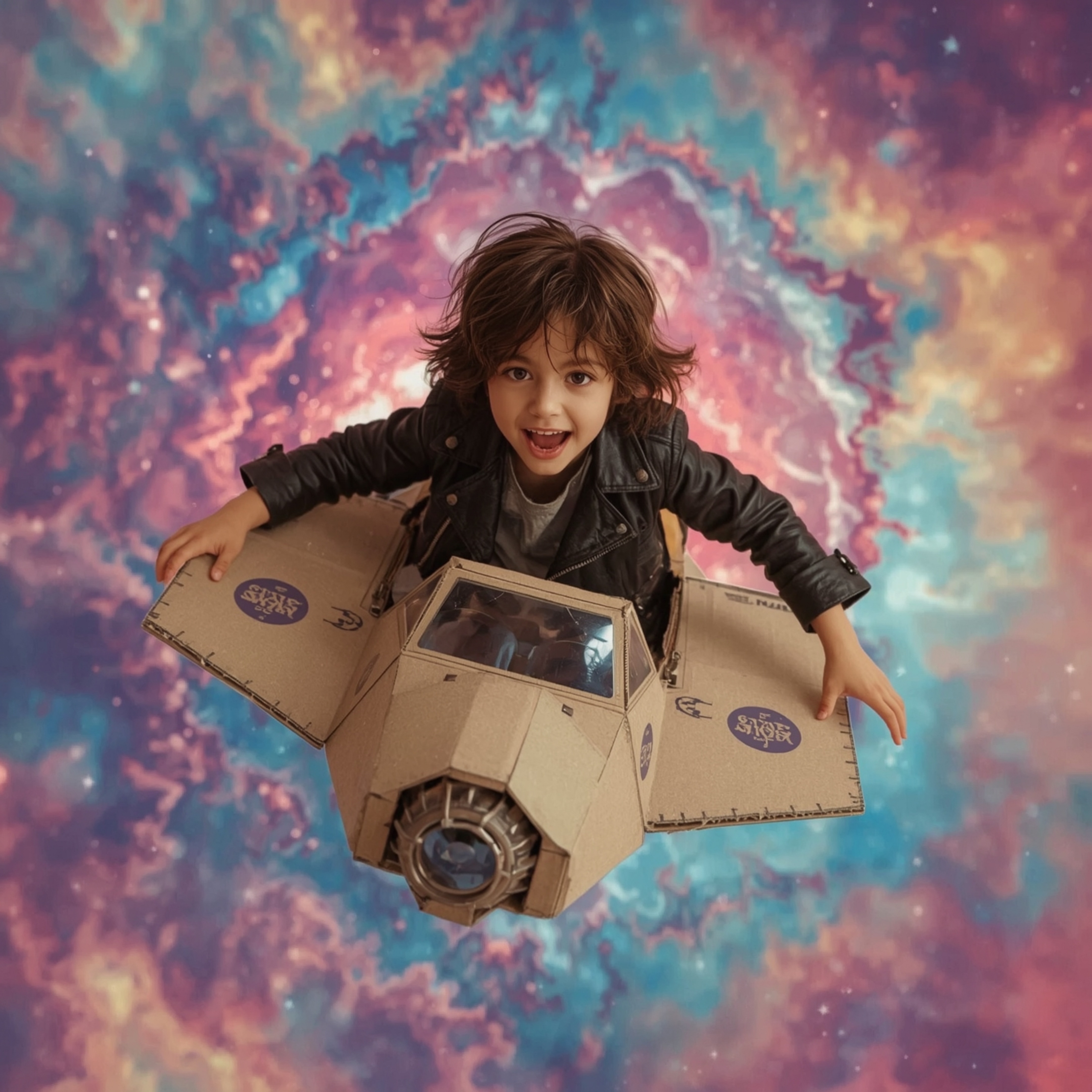 A high fashion photography series capturing a young boy with messy brown hair and bright, curious eyes on an extraordinary ad