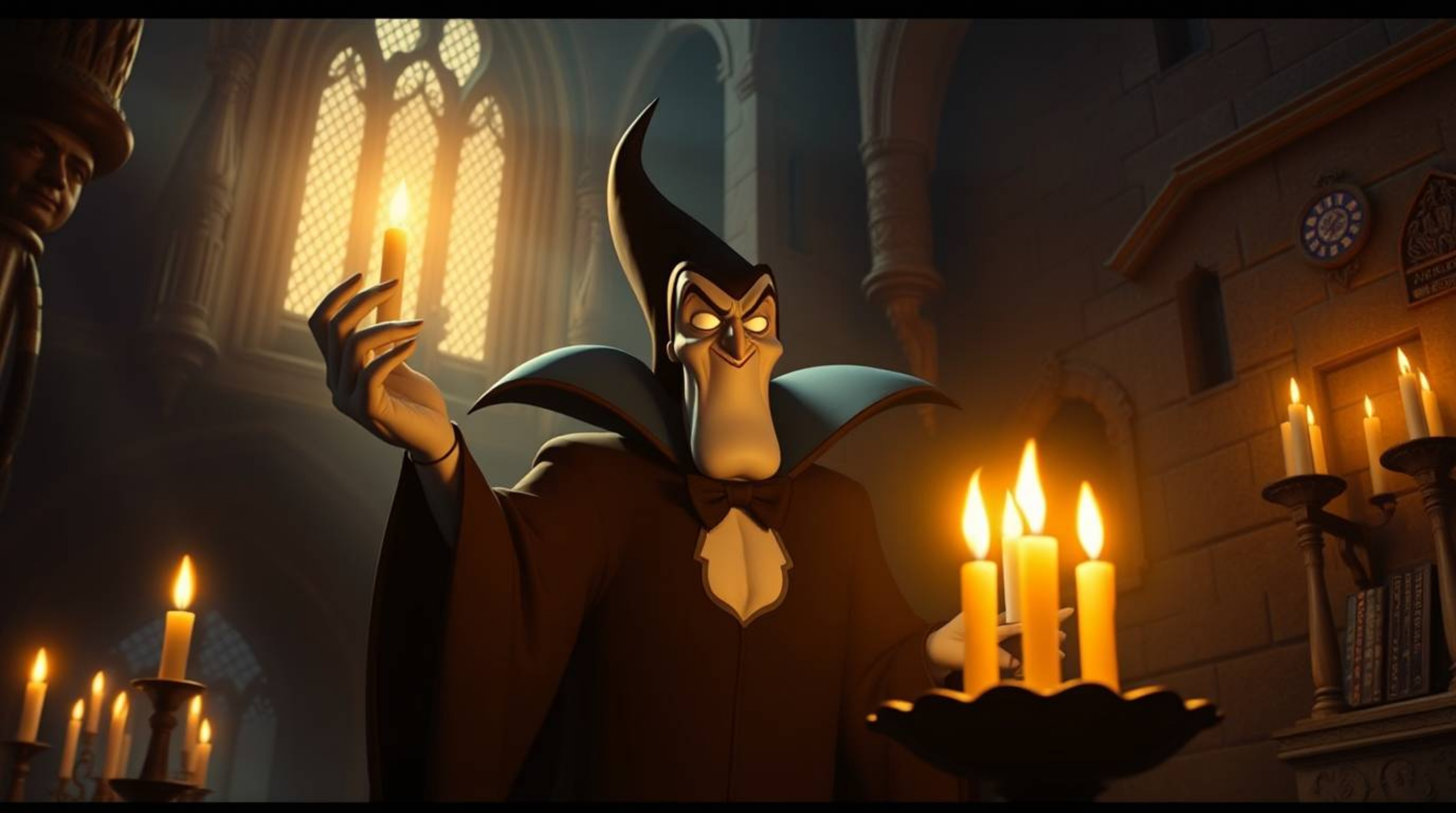 A classic Disney villain casts a spell in an old castle, bathed in warm candlelight. The scene evokes an ethereal and spiritu