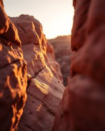 An extreme macro close-up, professional fine art photograph features soft, warm light illuminating sandstone cliffs at sunset