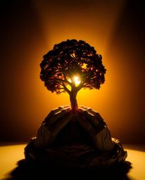 A striking papier-mâché sculpture depicts hands carefully planting a tree beneath a radiant golden sky. The artwork features 