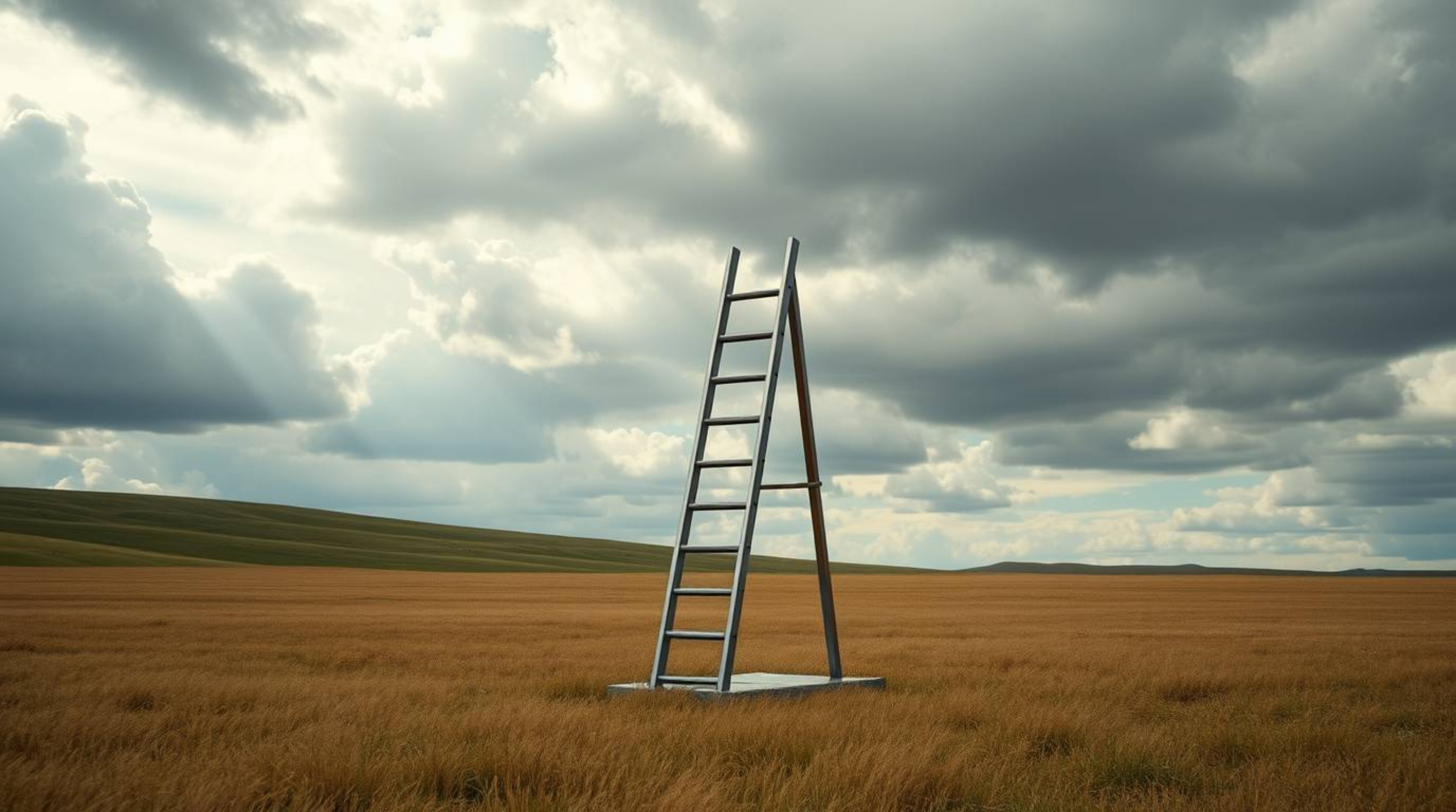 This cast bronze sculpture presents a minimalist scene featuring a silver ladder standing in a vast open field beneath a clou