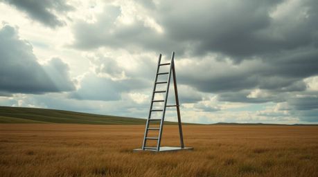 This cast bronze sculpture presents a minimalist scene featuring a silver ladder standing in a vast open field beneath a clou