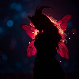 A captivating backlit silhouette photograph showcases a fairy godmother emerging from a swirl of sparkling magic.  Rich burgu