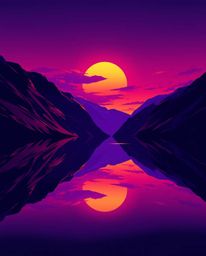 A digital illustration featuring a glassy fjord reflecting a sunset, distinguished by its use of deep ultraviolet hues and vi