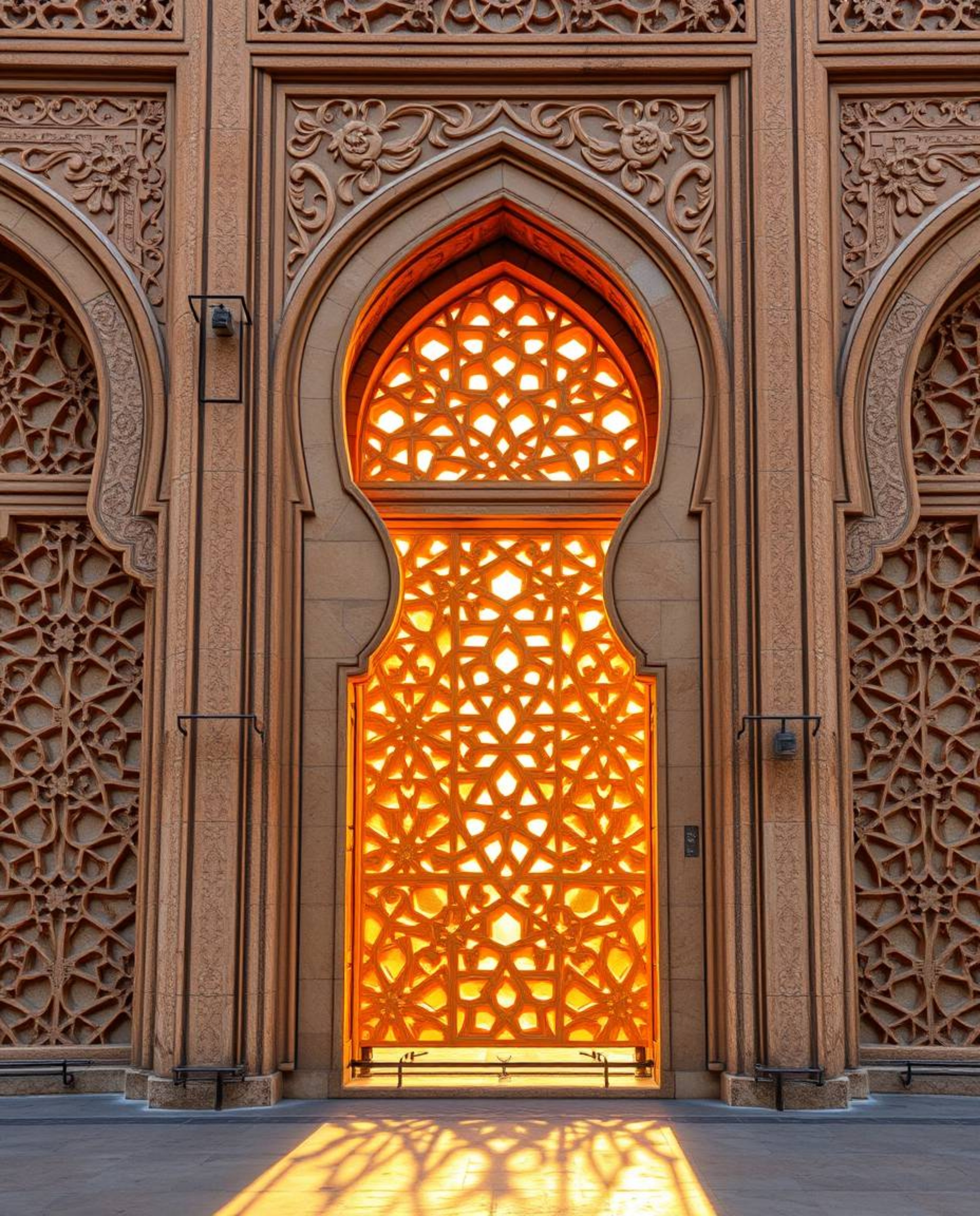 Capture the warm, golden hour light illuminating intricately carved Islamic geometric stone patterns. This fine art photograp