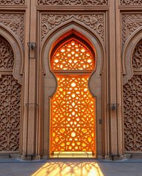 Capture the warm, golden hour light illuminating intricately carved Islamic geometric stone patterns. This fine art photograp