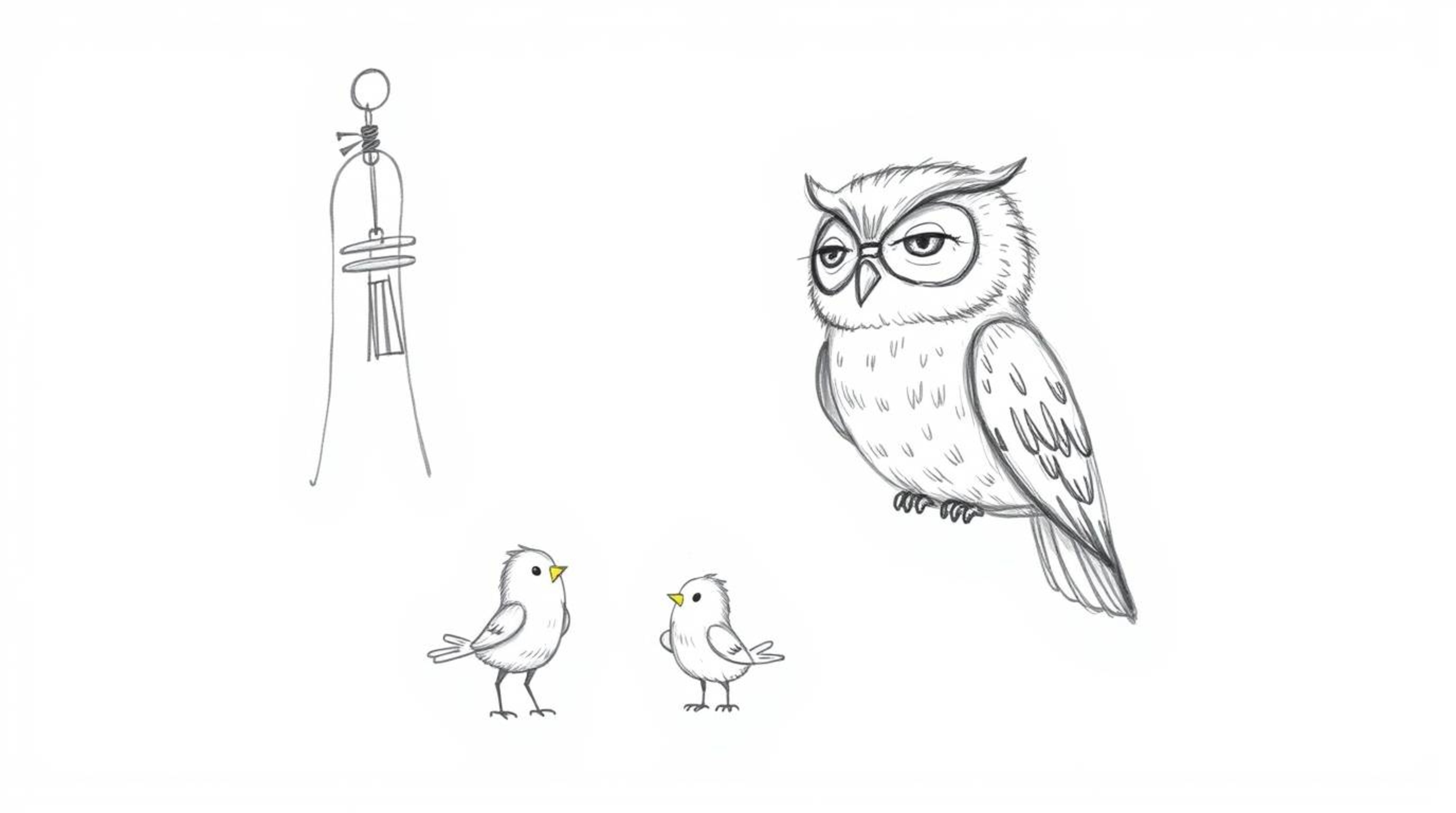 A heartwarming and whimsical hand-drawn sketch in the style of Pixar depicts a blind owl with a soft, feathery texture using 