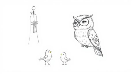 A heartwarming and whimsical hand-drawn sketch in the style of Pixar depicts a blind owl with a soft, feathery texture using 