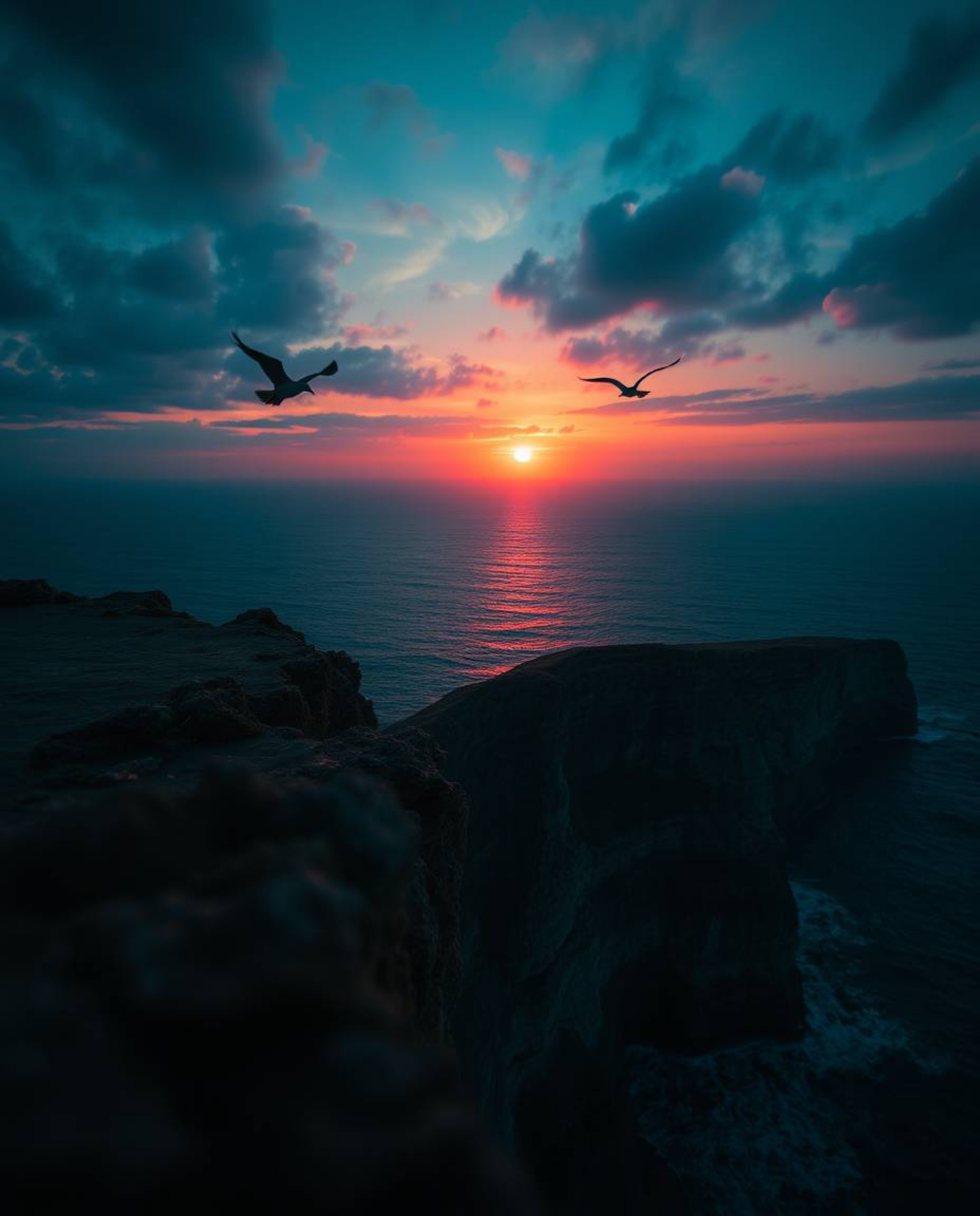 An extreme macro close-up captures a sunset over a coastal cliff, featuring soaring birds, all rendered in rich, deep teal to