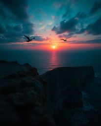 An extreme macro close-up captures a sunset over a coastal cliff, featuring soaring birds, all rendered in rich, deep teal to