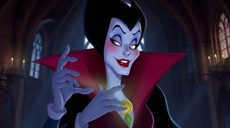 A sophisticated and elegant classic Disney villain casts a spell within the walls of an ancient castle. The scene is bathed