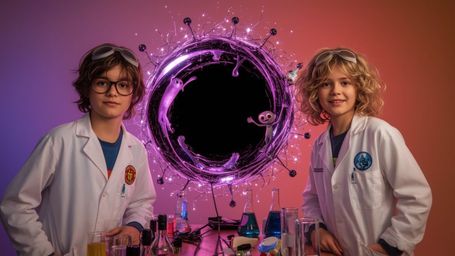A cinematic, vibrant photograph, in a style reminiscent of Pixar's whimsical storytelling, captures a science fair duo—a curi