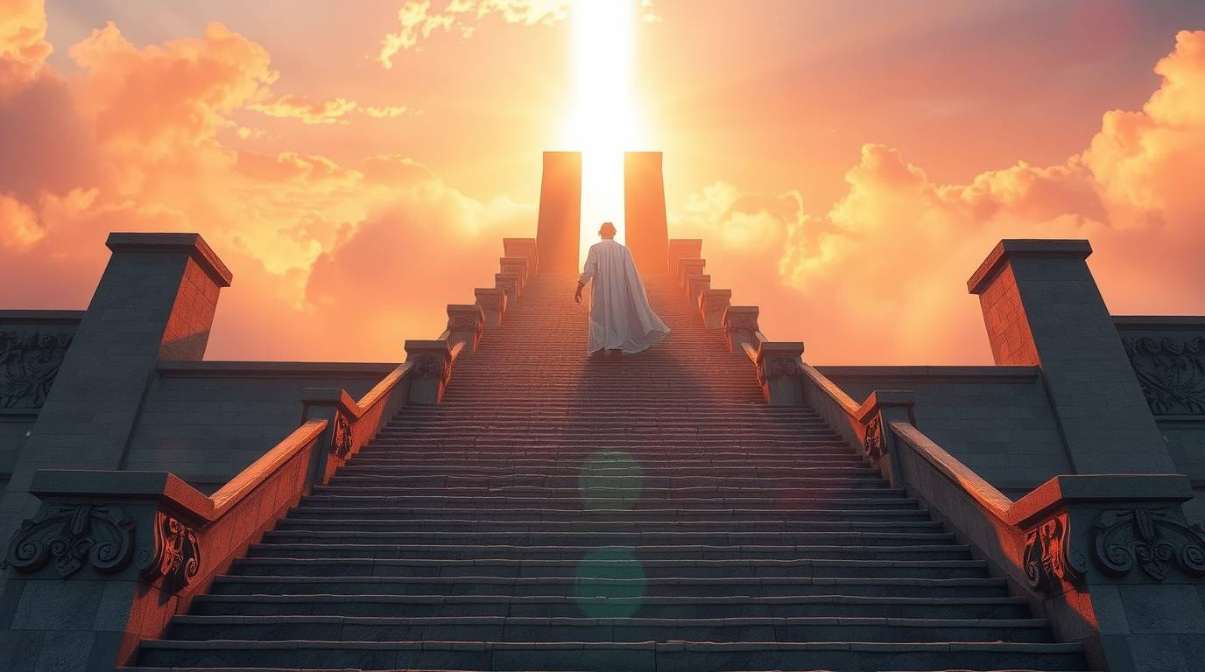 A solitary hero dramatically climbs a grand stone staircase, bathed in ethereal light. The scene is set against a breathtaki