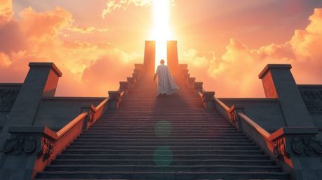 A solitary hero dramatically climbs a grand stone staircase, bathed in ethereal light.  The scene is set against a breathtaki