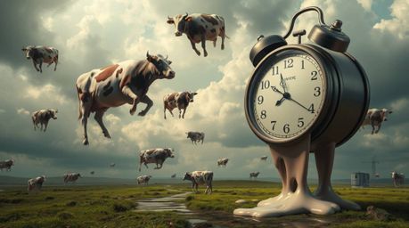 This high-resolution stock photo captures a captivating surreal dreamscape, featuring melting clocks and floating cows. Desig