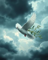 An image depicting a dove carrying an olive branch against a backdrop of stormy skies, rendered in cool colors like blues and