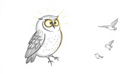 A heartwarming hand-drawn sketch in Pixar style depicts a blind owl with sunlit, glowing feathers patiently teaching a group 