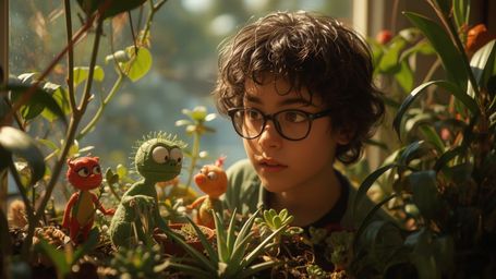 In a vibrant, cinematic photograph inspired by Pixar's style, a young, bespectacled homeschooled genius is captured in a tend