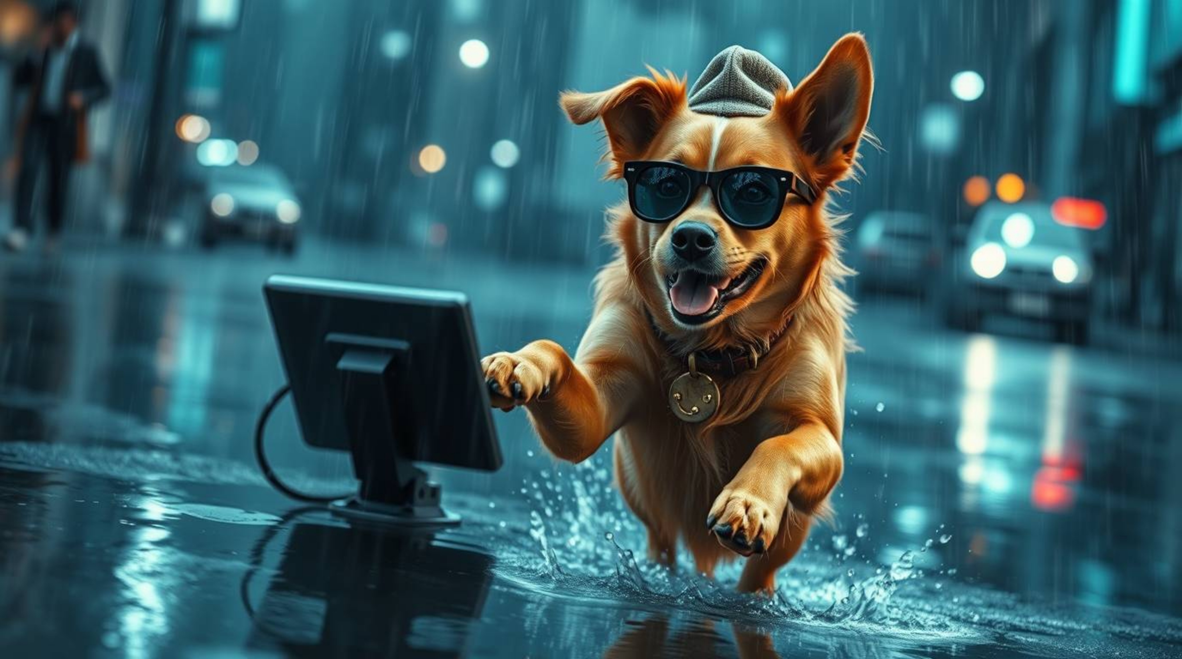 A dynamic scene unfolds depicting a dog detective in action, utilizing high-tech gadgets amidst a wet, rainy environment.  Th