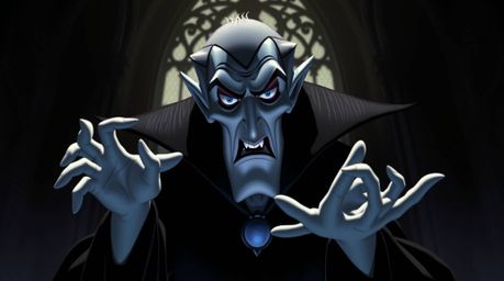 A classic Disney villain, with sharp features and pale skin, is depicted casting a spell within a gothic castle. The split co