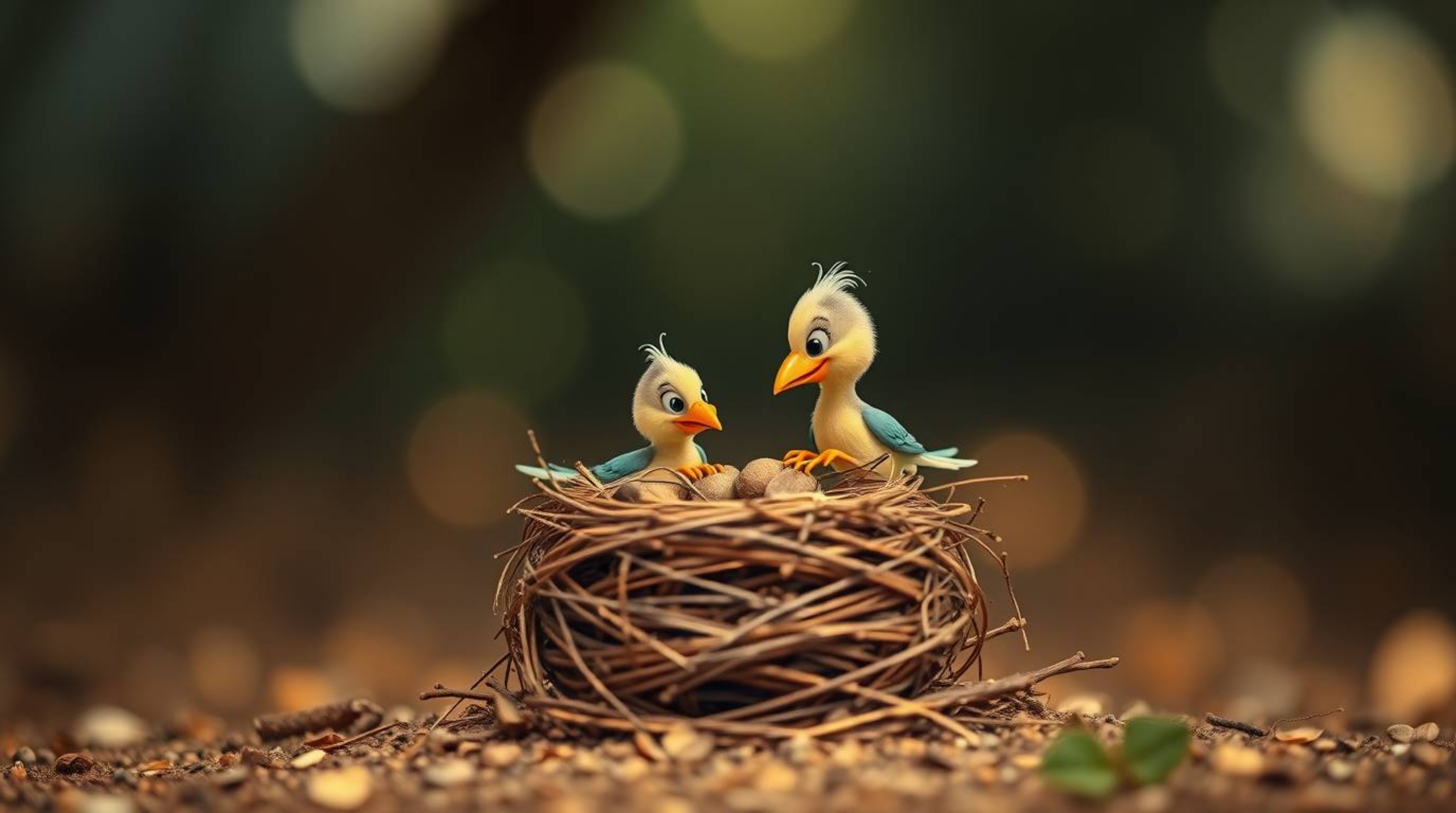 A captivating fine art photograph depicts two cartoon birds diligently constructing a nest. Rendered in a classic animation