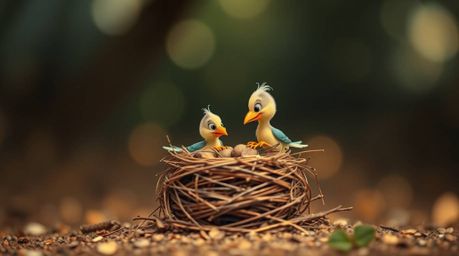 A captivating fine art photograph depicts two cartoon birds diligently constructing a nest. Rendered in a classic animation