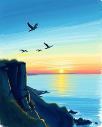 This is a hand-drawn sketch in a color sketchnote style, depicting a sunset over a coastal cliff with soaring birds. The artw